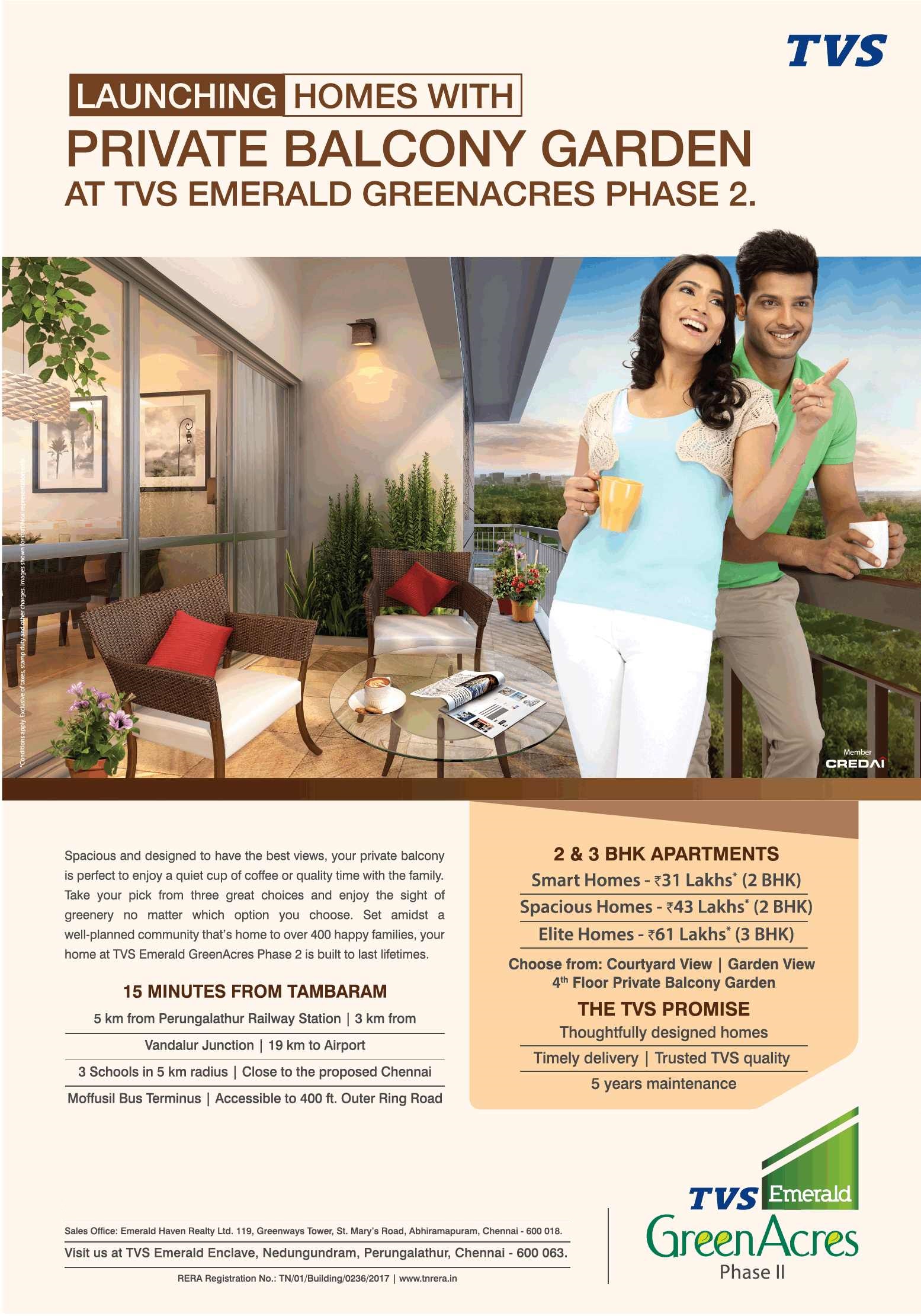 Launching homes with private balcony gardens at TVS Emerald Green Acres in Chennai